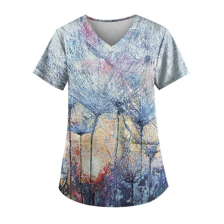

Dandelion Printing Working Uniform Women Printed Tops Plus Size Short Sleeve V Neck Workwear shirts Casual Blouse Pockets Scrubs Uniform Nurses