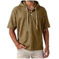 thumbnail image 3 of Men's Cotton Pullover Hooded Top Short Sleeve Casual Solid Color T-Shirt Hoodie Drawstring Loose Fit Summer Basic Streetwear Outfits Travel Essential | JASKFLY,Khaki M, 3 of 7