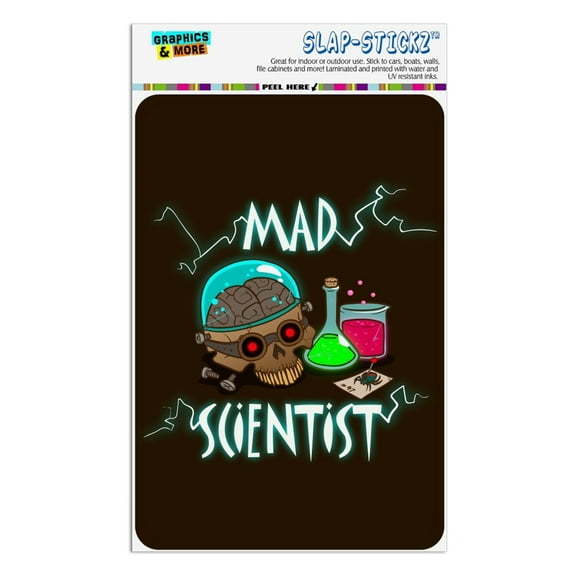 Mad Scientist with Beakers Brain Home Business Office Sign - Window Sticker - 4" x 6" (10.2cm x 15.2cm)
