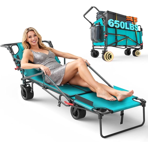 Heavy Duty Folding Wagon - 2-in-1 Collapsible Cart, 650lb Capacity, All-Terrain Wheels w/Brakes & Side Pockets (Sky Blue)