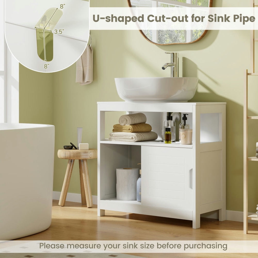 Finihen Storage Cabinet, Floor Cabinet, Pedestal Sink Storage Cabinet with 2 Sliding Doors and U-shaped Cut-out, for Bathroom, Living Room, Bedroom, Kitchen, White