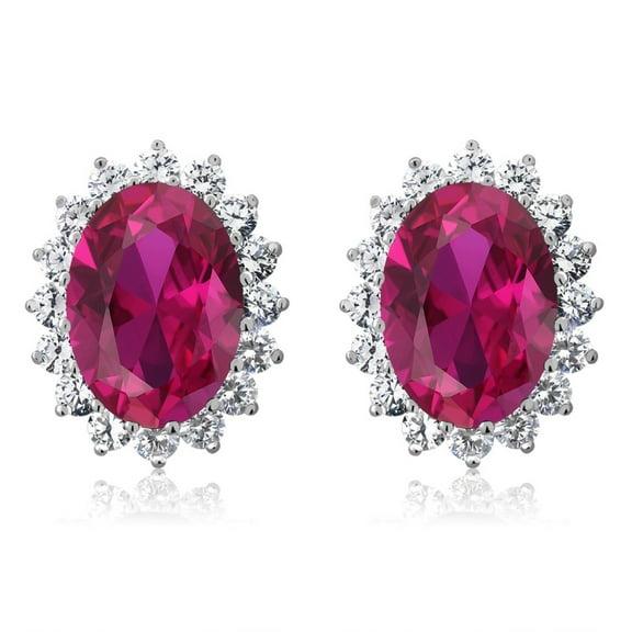 Gem Stone King 15.00 Cttw Blue Simulated Sapphire or Green Simulated Emerald or Red Created Ruby Halo Earrings for Women in 925 Sterling Silver | Oval 14X10MM