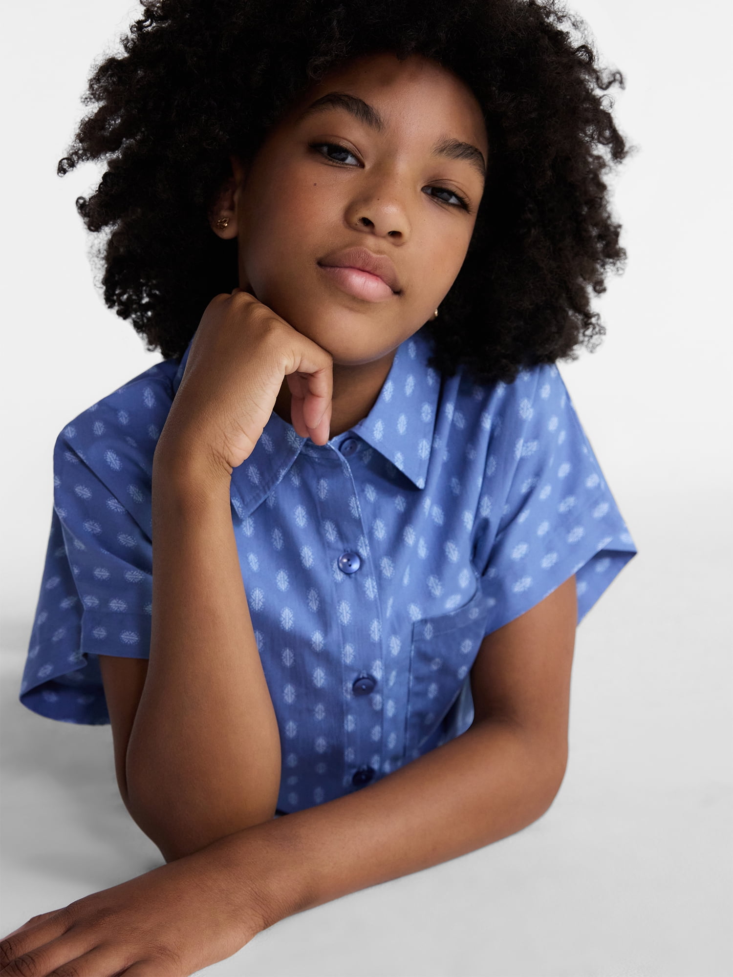 Weekend Academy Girl Cropped Button Down Cotton Shirt with Short Sleeves, Sizes 4-18