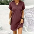 thumbnail image 2 of Womens V Neck Long Sleeve Fall Dresses Women's New Short Sleeve V-neck Solid Color Pullover Comfortable Casual Button Dress Wine, 2 of 4