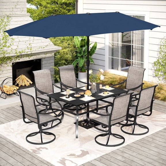 Summit Living 8-Piece Outdoor Patio Dining Set with 13ft Navy Blue Patio Umbrella, 6 Textilene Outdoor Swivel Chairs & 1 Large Metal Rectangle Table, Black & Brown-Gray