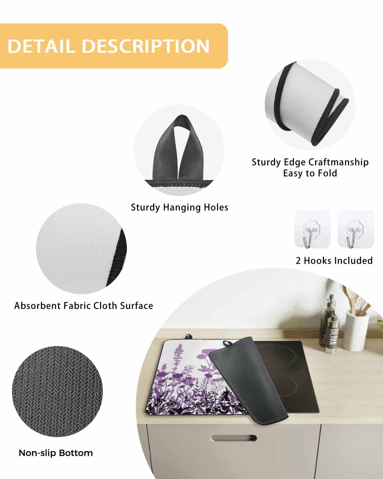 nqOlkjepod Large Induction Cooktop Protector Mat 24"x21", Purple Flowers Stove Top Covers for Electric Stove, Spring Farmhouse Botanical Floral Herbs Stove Burner Cover Mats, Glass Top Stove Cover