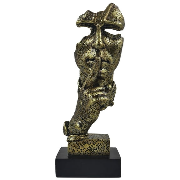 Silence Is Golden Sculpture, 12'' Thinker Sculptural Bust for Table Shelf Mantel, Modern Home Decor Housewarming Gift