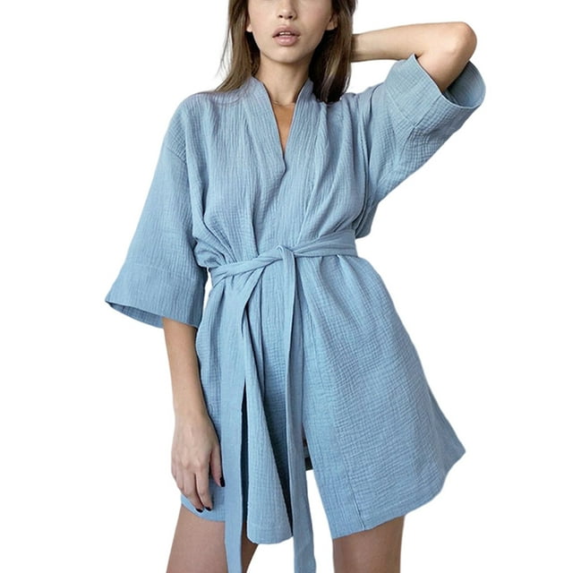 fastboy Robe en Coton Crêpe pour Femmes Peignoirs Courts Maison Hôtel Robe de Nuit Absorbant la Sueur Robe de Chambre Couleur Unie Bleu L