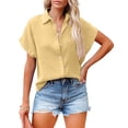 thumbnail image 2 of Uooqdmx Chemise Boutonnée pour Femmes, Hauts en Lin pour Femmes, T-Shirts Basiques pour Femmes, Chemise Décontractée à Manches Courtes Unie, Hauts de Sortie pour Femmes, Jaune 5TG, 2 of 4