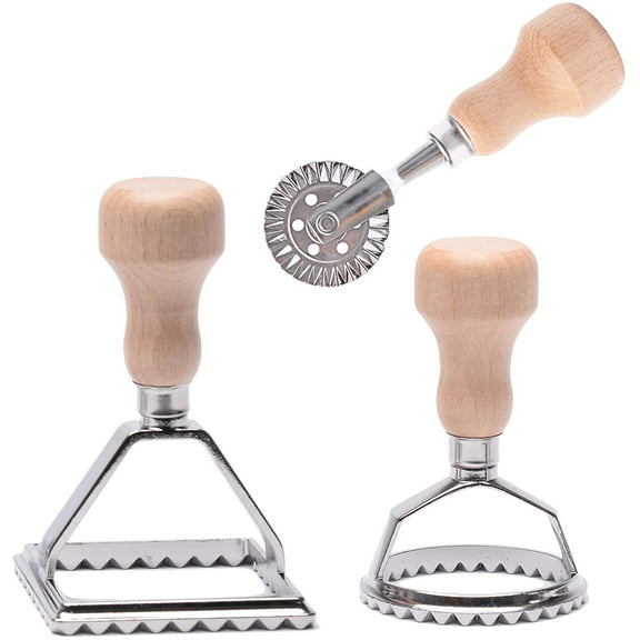 Ravioli Stamp Maker Cutter with Roller Wheel Set, Mold with Wooden Handle and Fluted Edge, Pasta Press Kitchen Attachment