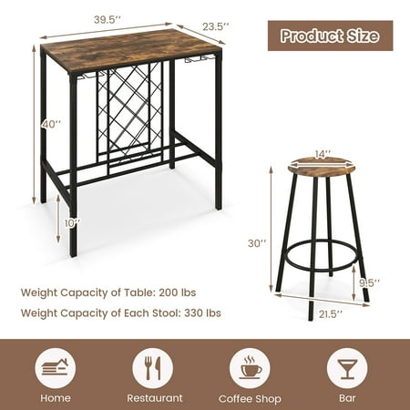 Costway 5PCS Bar Table & Stools Set Industrial Bistro Set with Wine Rack & Glass Holder - Rustic Brown/Black