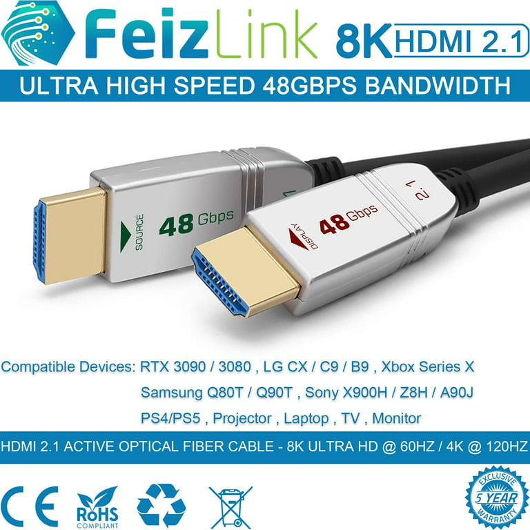 8K HDMI 2.1 Fiber Optic Cable 25ft 48Gbps 8K 60Hz 4K 120Hz Dynamic  HDR/eARC/HDCP