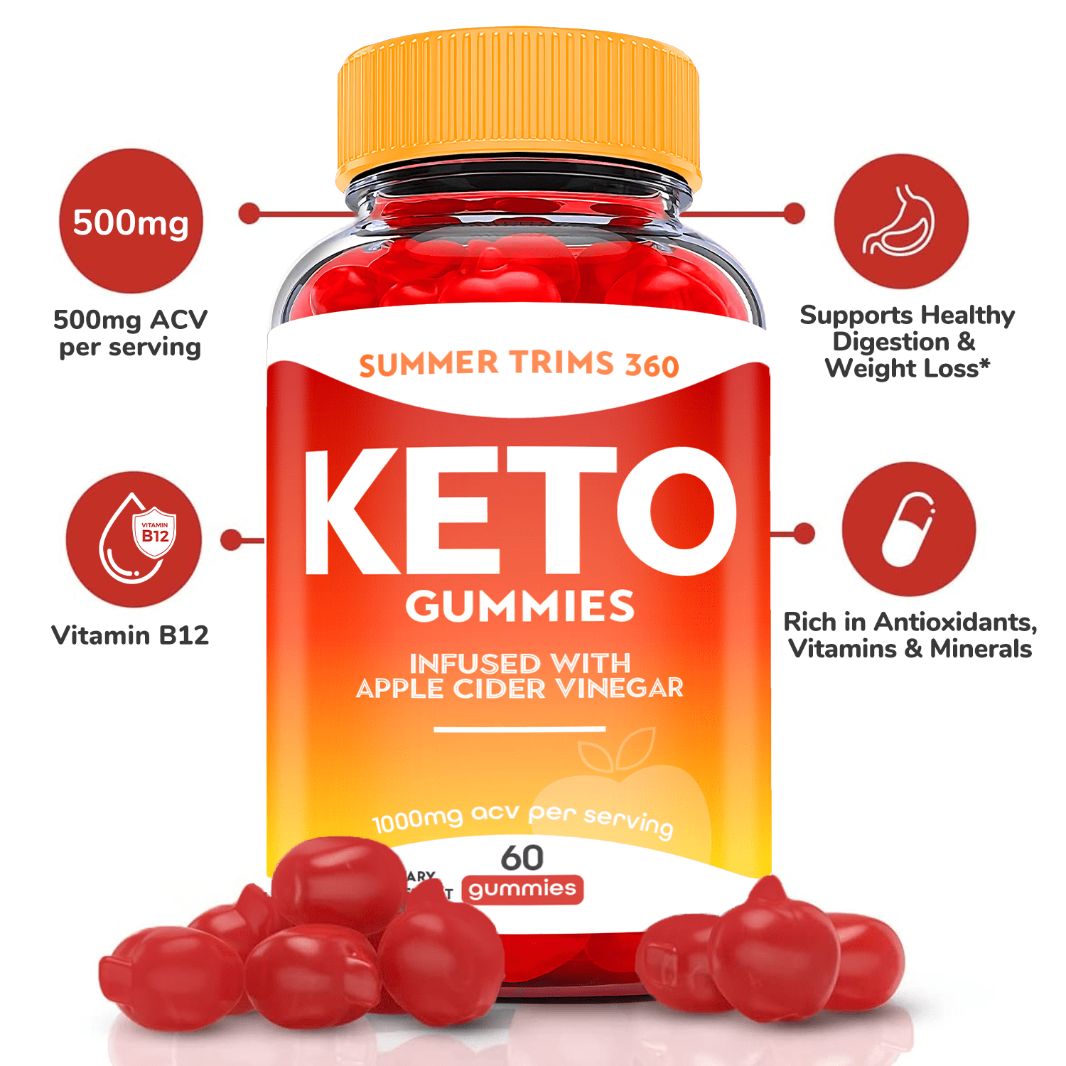 (1 Pack) Summer Trims 360 Keto ACV Gummies - Supplement for Weight Loss - Energy & Focus Boosting Dietary Supplements for Weight Management & Metabolism - Fat Burn - 60 Gummies