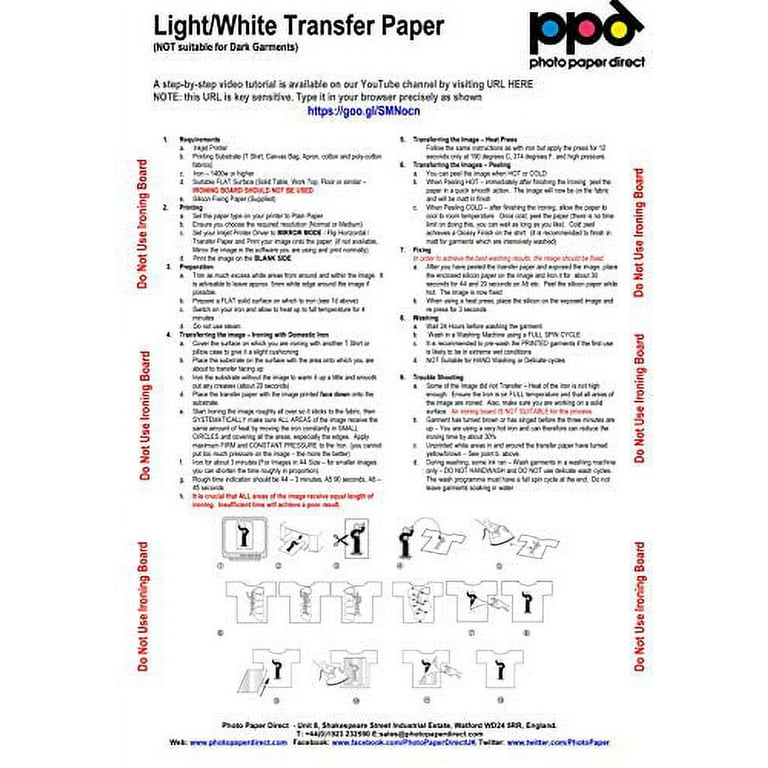 PPD Inkjet Premium Iron-On White and Light Colored T Shirt Transfers Paper  LTR 8.5x11” Pack of 20 Sheets (PPD001-20)