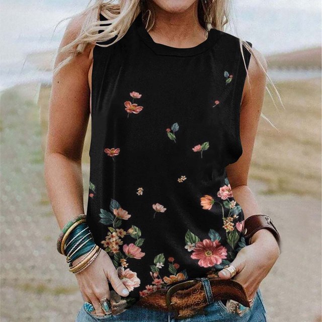 SMihono Hauts pour Femmes Débardeur Mode Femme Col Rond Sans Manches Blouse T-Shirt Imprimé Hauts Amples Débardeurs pour Femmes Hauts d'Été pour Femmes