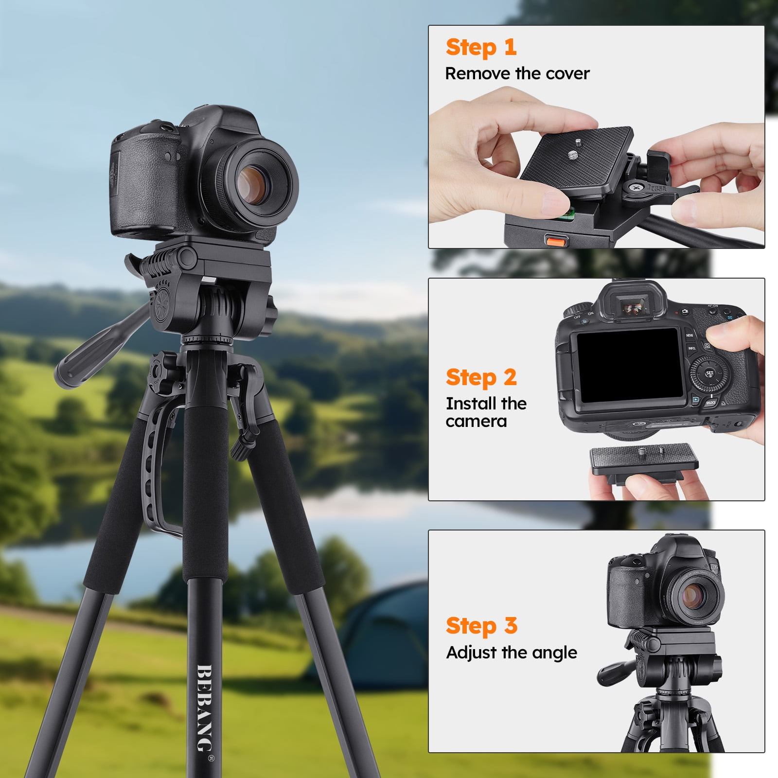 BEBANG 67" Camera Tripod, Portable Aluminum Tripod Stand for DSLR Camera and iPhone, Mirrorless Cameras, Camcorders and Binoc