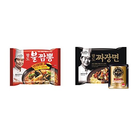 NineChef Bundle - Paldo Lee Yeonbok Jjajang Myun/Jjamppong Noodle Soup (Jjamppong + Jjajang 8 Pack) + 1 NineChef Brand Long Handle Spoon