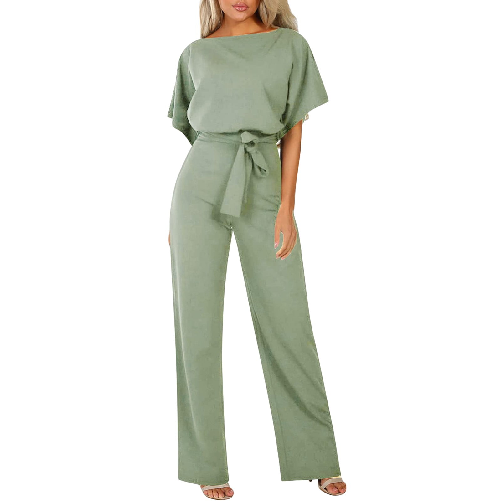 Fsqjgq Elegant&nbsp;Jumpsuit Women Solid Color Lace up Button Short Sleeved Jumpsuits Casual Pants Overalls Rompers Green L -