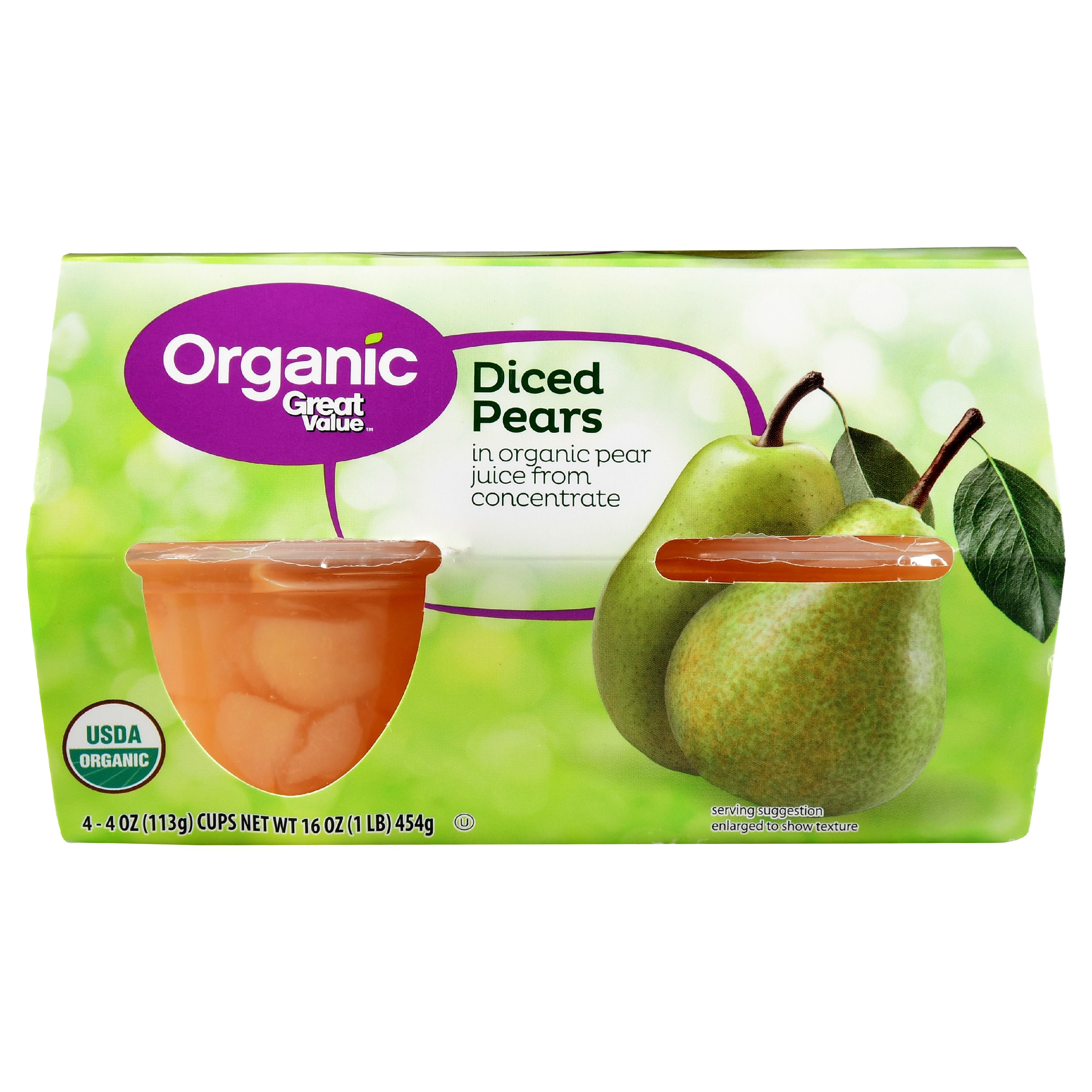 Great Value Organic Diced Pears, 4 oz, 4 Ct