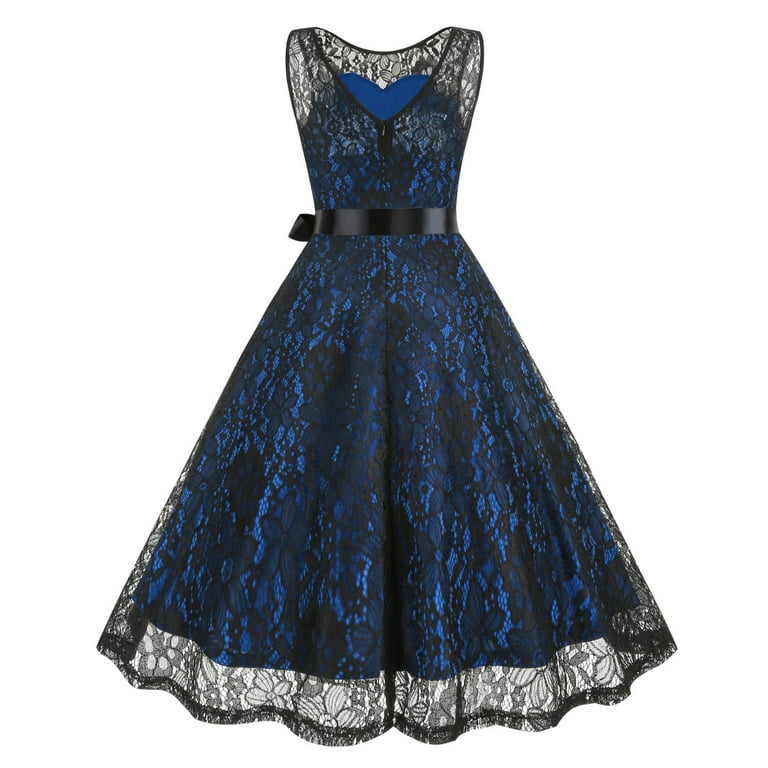 NaWent Women's Floral Lace Dress Short Bridesmaid Dresses with Sheer  Neckline Cocktail Prom Party Wedding Guest Dress Blue L