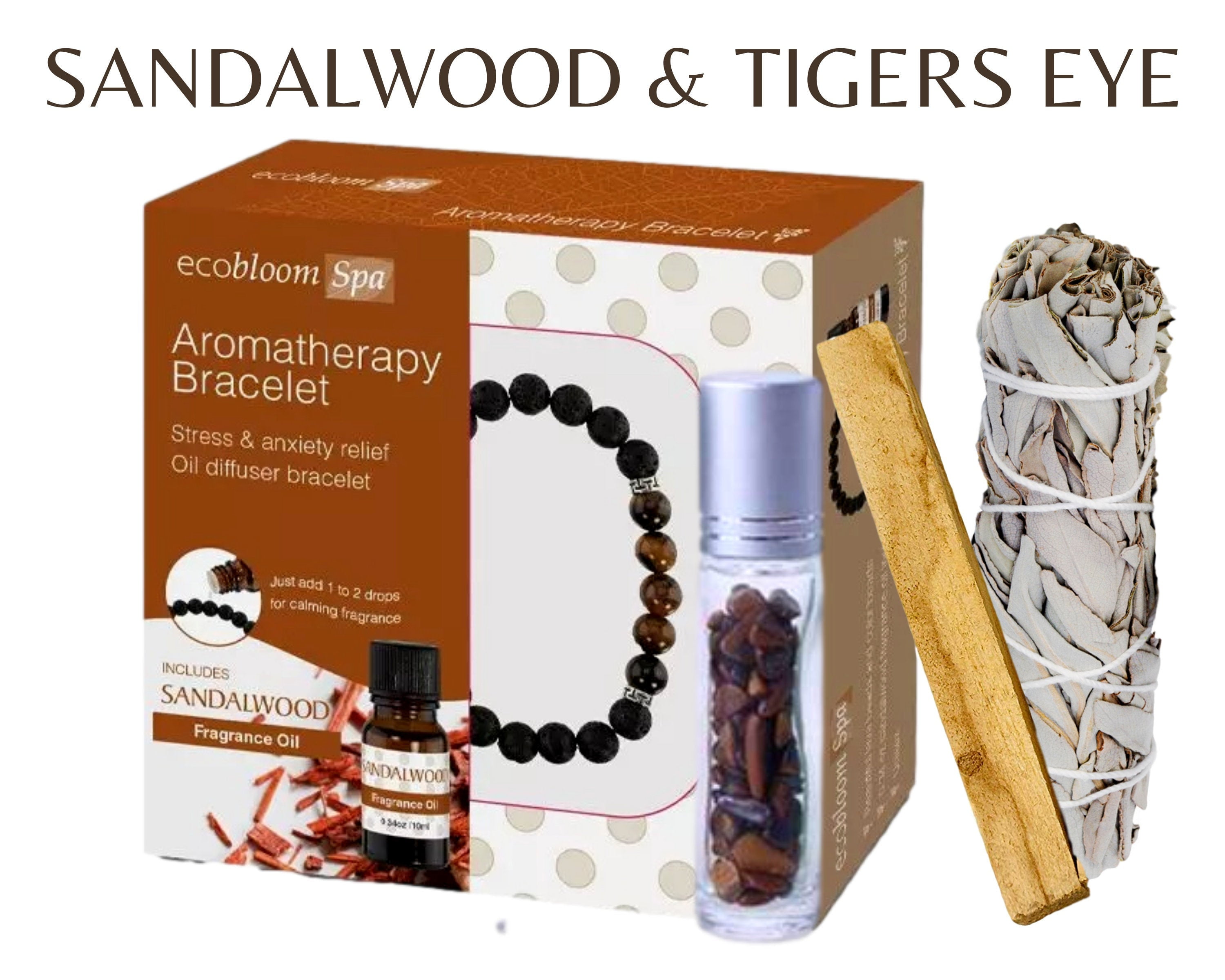 Aromatherapy Sage Smudge Kit, 5 Piece Essential Oil & Bracelet Set w/ White Sage, Palo Santo