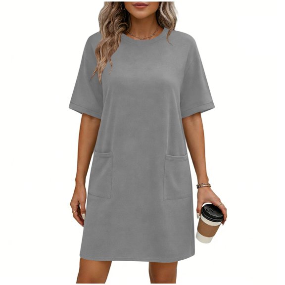 Fwqbns Women's Plus Size Sleep T shirt Night Dress Casual Short Sleeve Crew Neck Nightgown with Pockets Gray