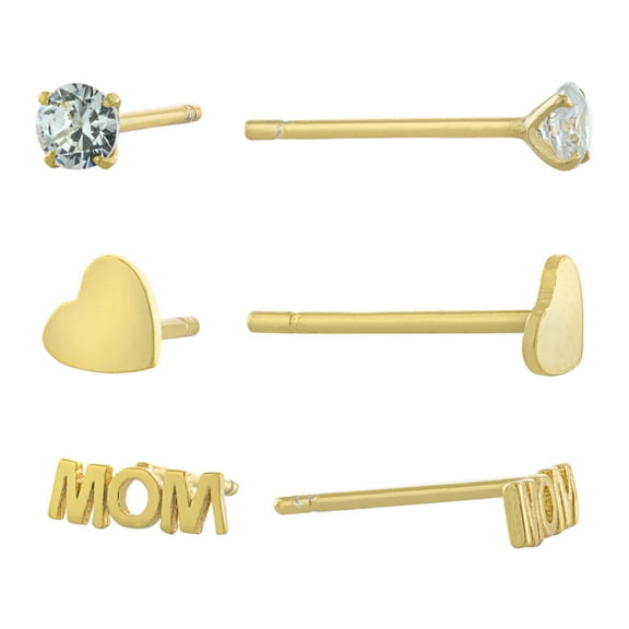 Marisol & Poppy MOM 3-Piece Stud Earrings Set in Gold over Sterling Silver for Women