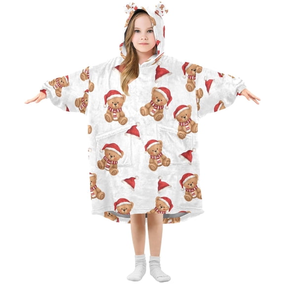 Wearable Blanket Hoodie for Christmas Teddy Bear Pattern Flannel Hooded Blanket with Pockets and Sleeves Suitable
