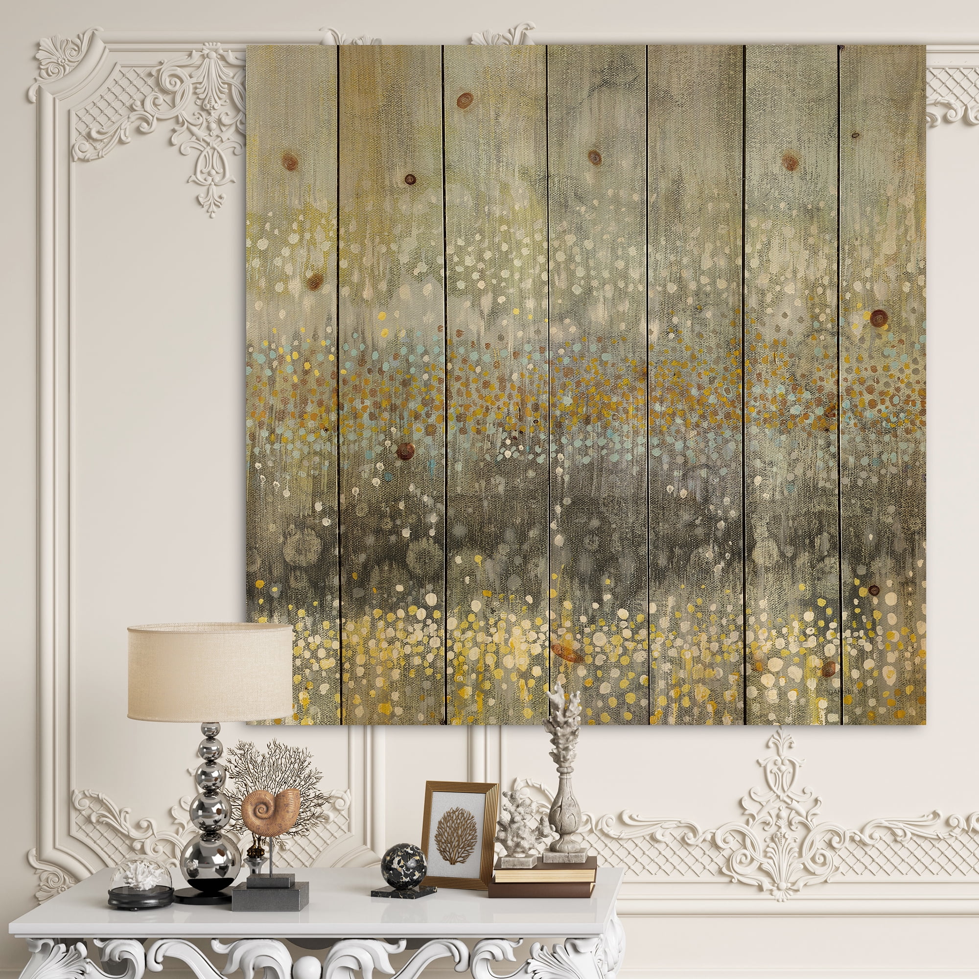 Designart 'Glam Gold Rain Abstract III' Modern & Contemporary Print on Natural Pine Wood