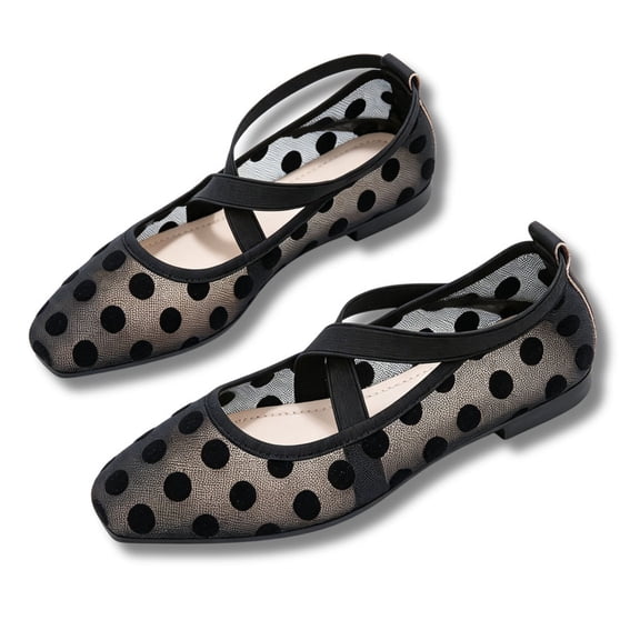 CHICVOMEY Womens Polka Dot Mesh Mary Jane Flats Square Toe Crisscross Ankle Strap Ballet Shoes Sheer Breathable Slip On Flat Sandals for Summer Party Daily Wear