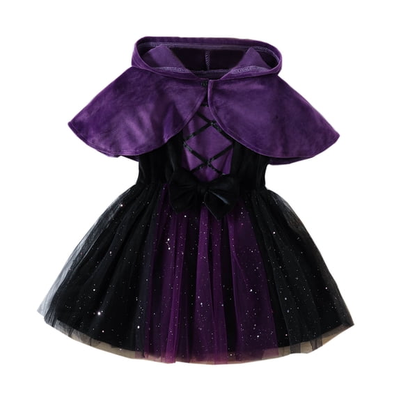 Kogui Kids Two-Piece Halloween Cosplay Outfit Hooded Cloak & Mesh Vest Skirt For Little Girls (Purple, 3-4 Years)
