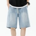 thumbnail image 4 of Pantalones cortos vaqueros casuales Cagnkofi para hombre, elegantes pantalones cortos vaqueros lavados, cintura elástica relajada, pantalones cortos de carpintero con cordón ajustable, 4 of 8