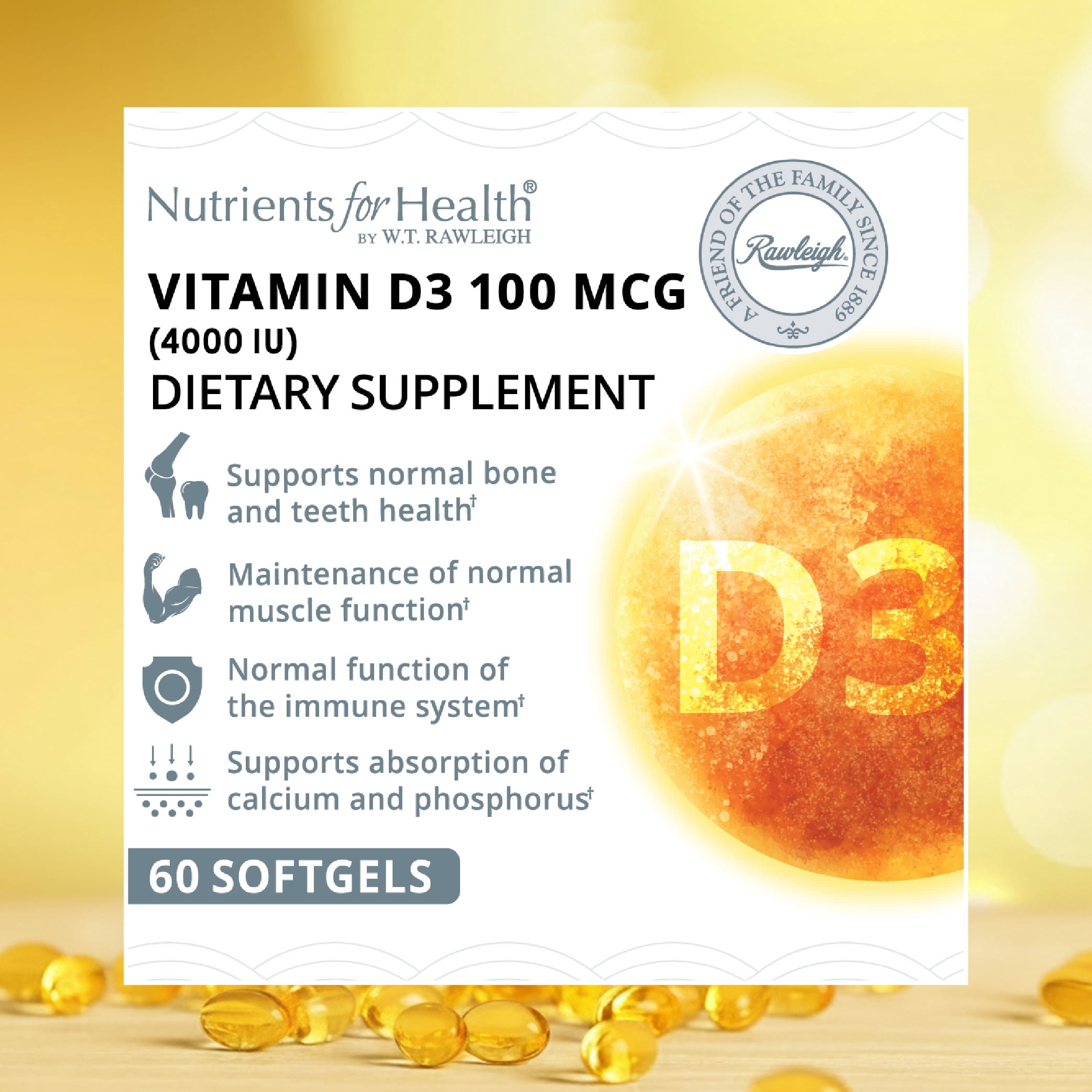 Rawleigh Vitamin D3 100 mcg with 4000 IU Cholecalciferol for Bone & Immune Support, 60 Count