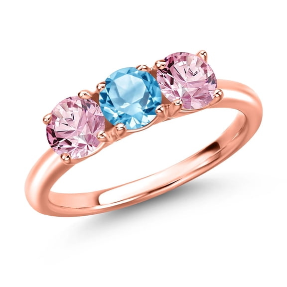 Gem Stone King 18K Rose Gold Plated Silver Swiss Blue Topaz and Pink Lab Grown Diamond Engagement Ring for Women | 1.65 Cttw | Round 5MM | Gemstone November Birthstone | Size 9