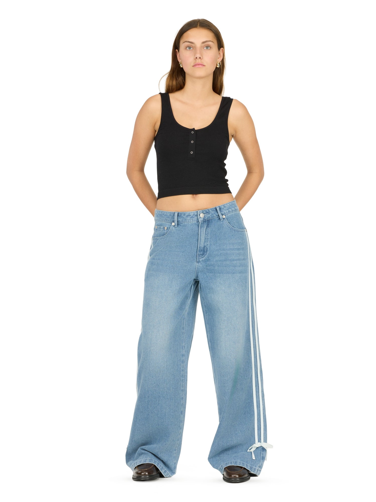 Forever 21 Women's Low Rise Baggy Fit Jeans with Side Stripes and Bow Accents, Sizes 0-14