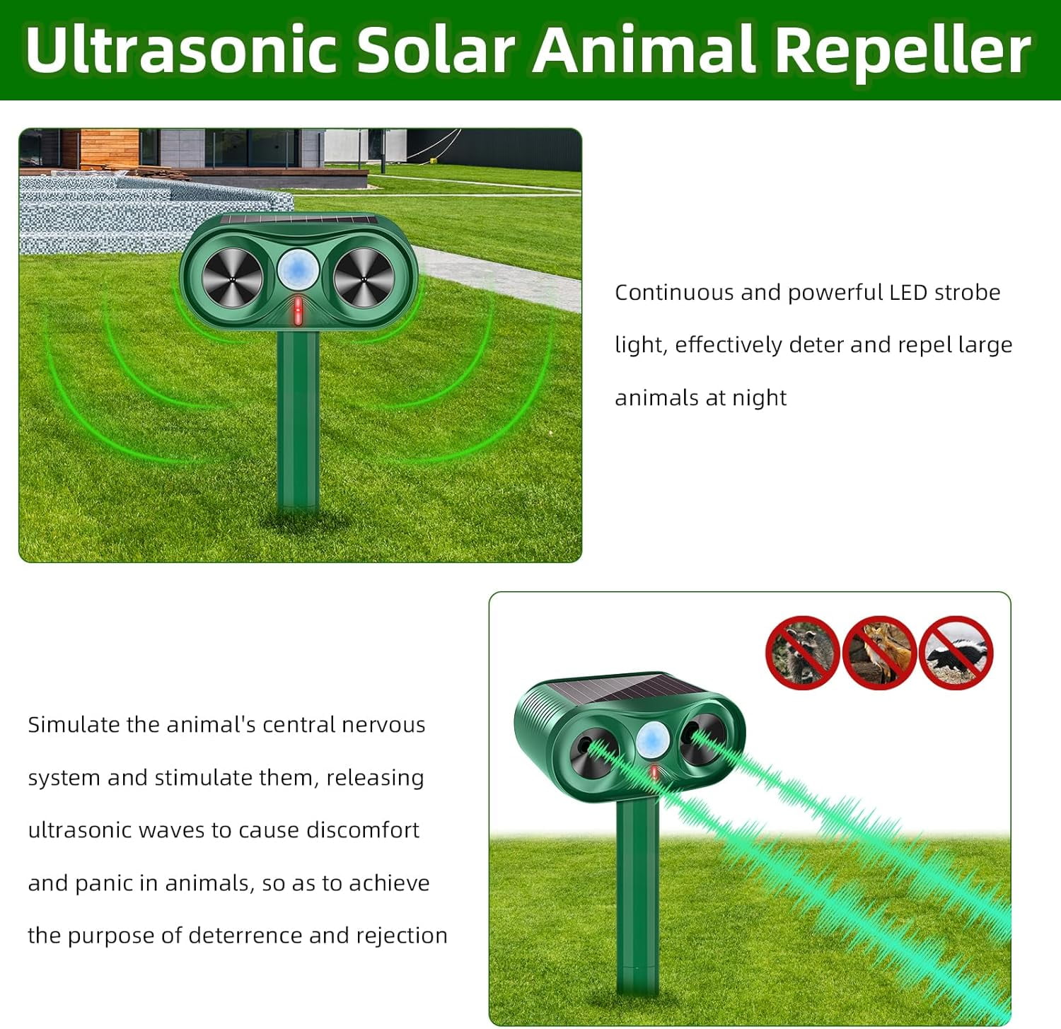 JINYI  Outdoor Solar Animal Repellent with Motion Sensors to Scare Off Coyote, Rabbit, Squirrel, 2 Pack