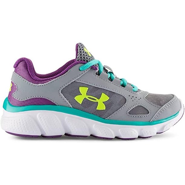 Under Armour Kids Girls' GPS Assert V Running Shoe, Steel/Purple/Yellow