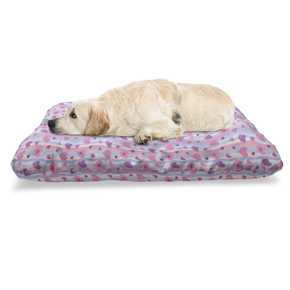 Love Pet Bed, Hearts for Valentine Vertical Stripes Lines Ornament Romance Wedding, Chew Resistant Pad for Dogs and Cats Cushion with Removable Cover, 24" x 39", Pale Mauve Purple, by Ambesonne