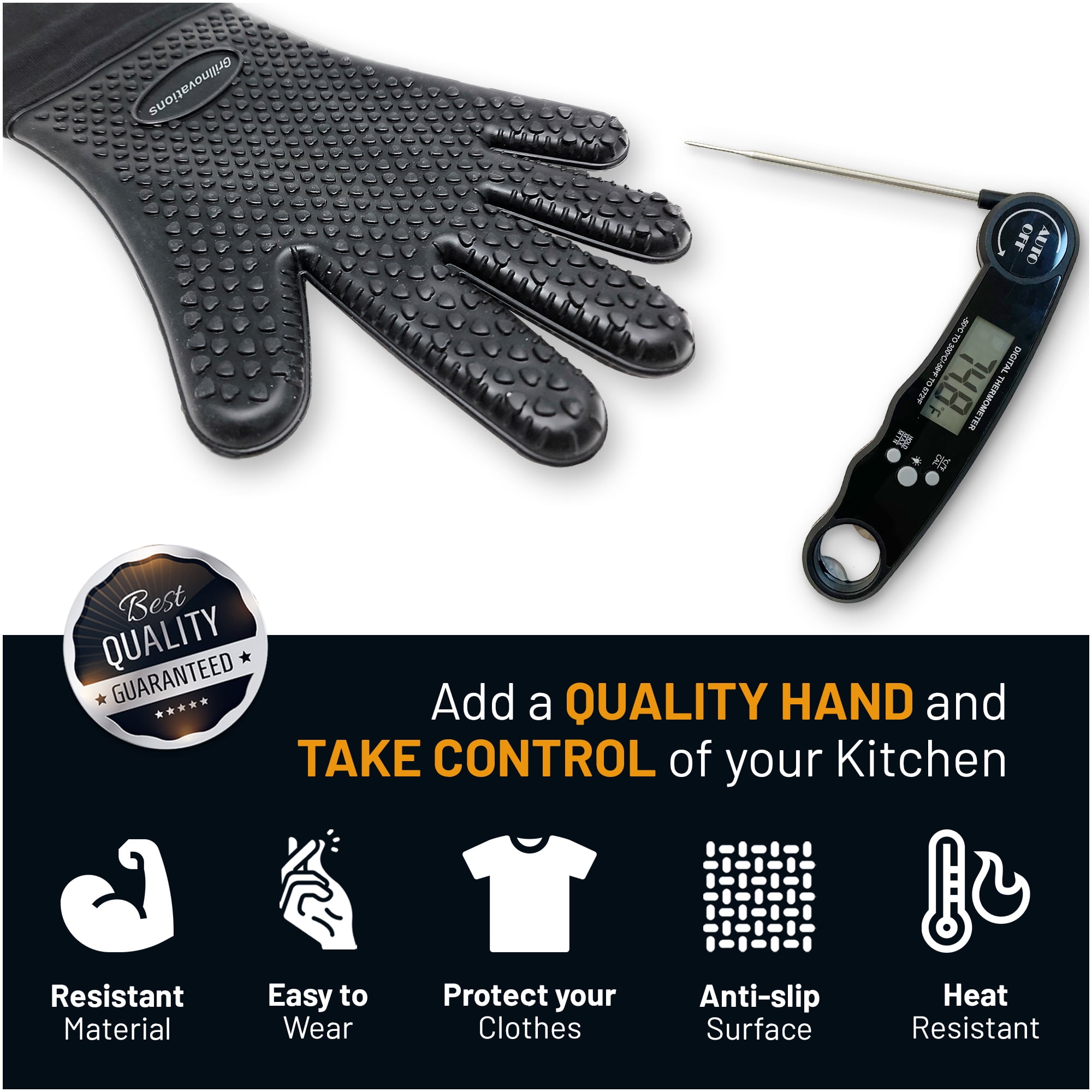 Duo Pack Instant Read Food and Meat Digital Thermometer and Grilling Glove. Power Saving and Backlight function. Grilling Guide Included