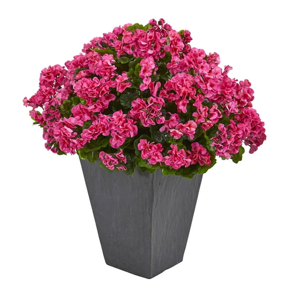 Nearly Natural 33" Pink Geranium Plastic Artificial Plant in Slate Planter UV Resistant