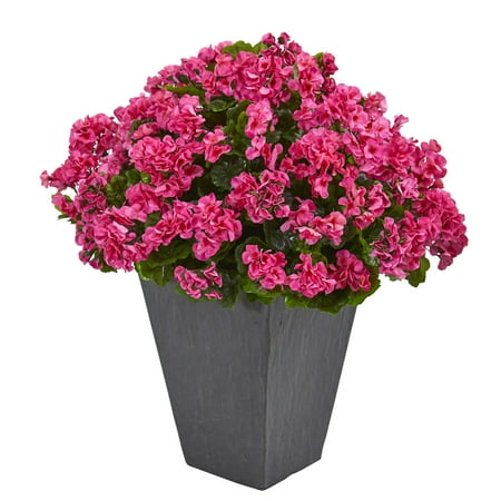 Natural Slate Water Wall - Nearly Natural Geranium Artificial Plant in Slate Plater UV Resistant (Indoor/Outdoor)