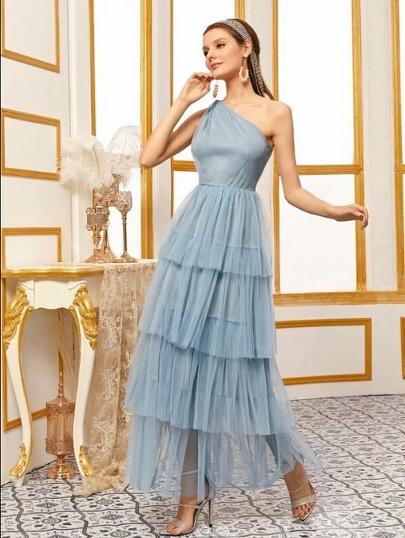 Maxi Vestido de Fiesta Elegante Un solo Hombro Olanes en Tul