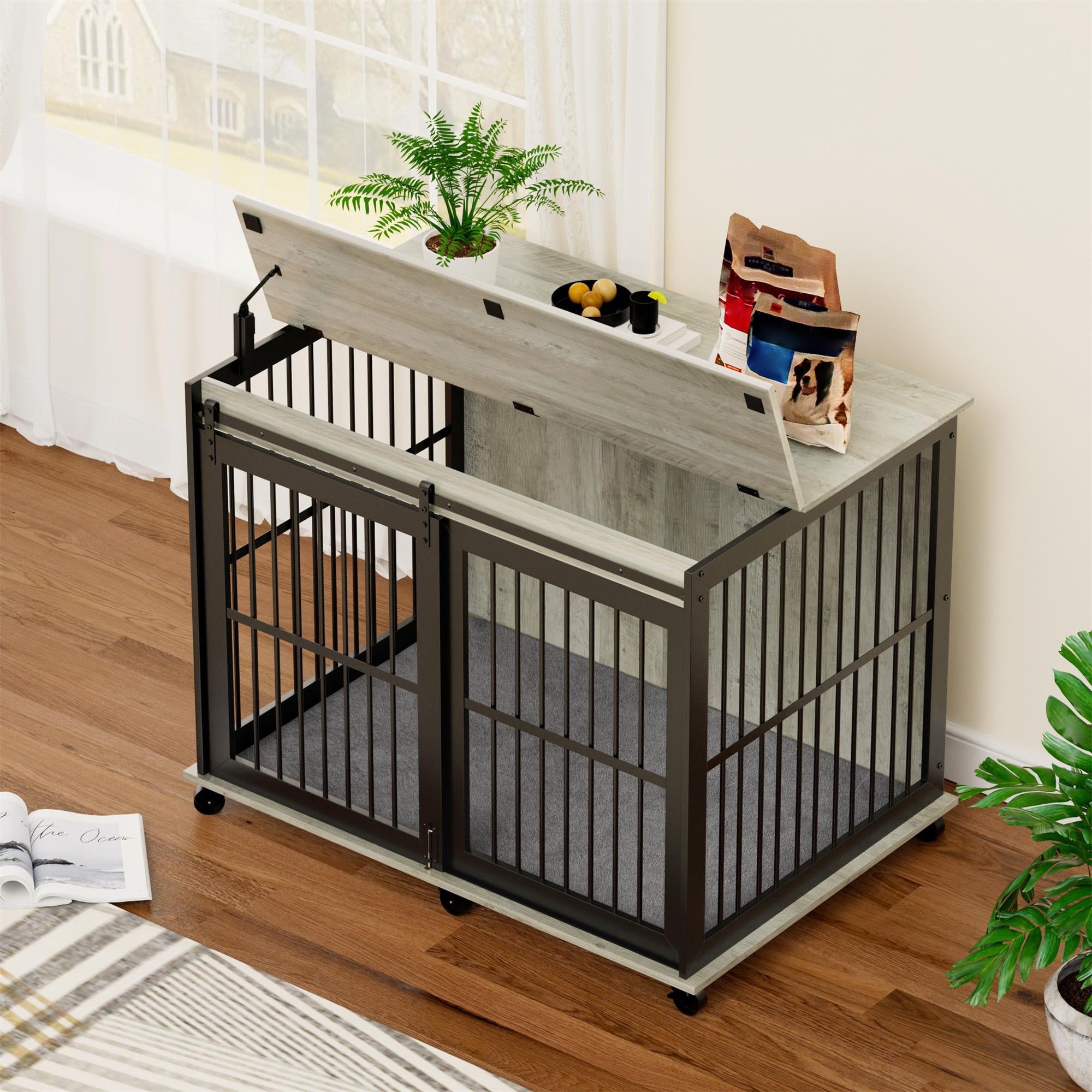 Pefilos 43" Heavy Duty Dog Crate, Furniture Style Dog Cage Sliding Iron Door with Wheels, Mat, Dog House for Indoor Dogs, Gray Pefilos 43" Heavy Duty Dog Crate, Furniture Style Dog Cage Sliding Iron Door with Wheels, Mat, Dog House for Indoor Dogs, Gray