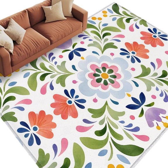 Ethnic Botanical Area Rug 8x10 Washable Rug Non Slip Boho Flowers Spring Wildflowers Large Area Rug Soft Stainresistant Indoor Floor Carpet for Living Room Bedroom Home Office Dining Room Nursery