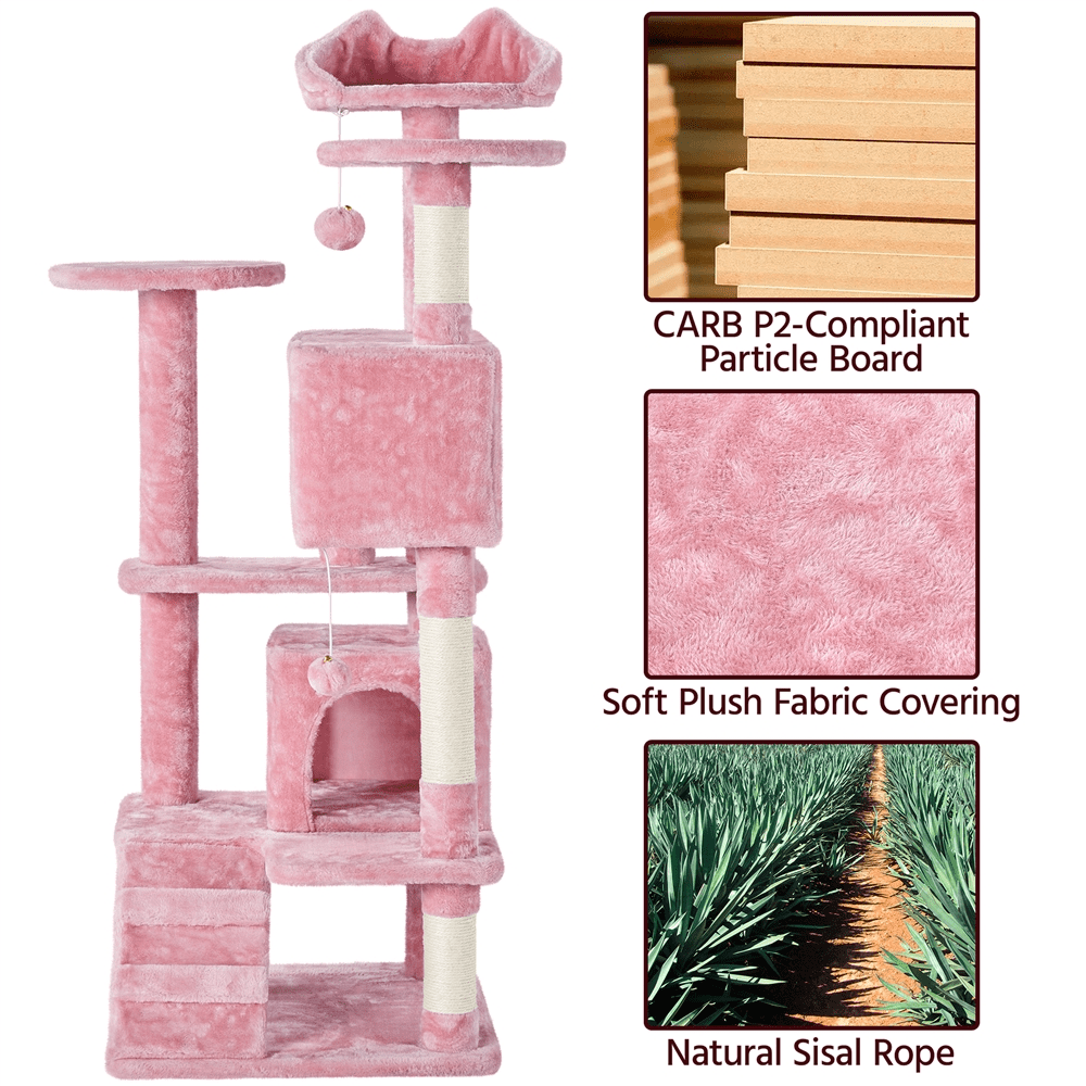 Alden Design 54.5" H Double Condo Cat Tree with Scratching Post Tower, Pink
