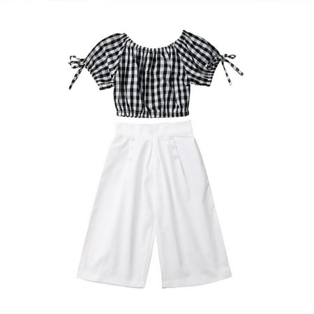 

VIKING GLORY Kids Baby Girl Off Shoulder Checks Tops T-Shirt + Long Pants Outfits Clothes Set