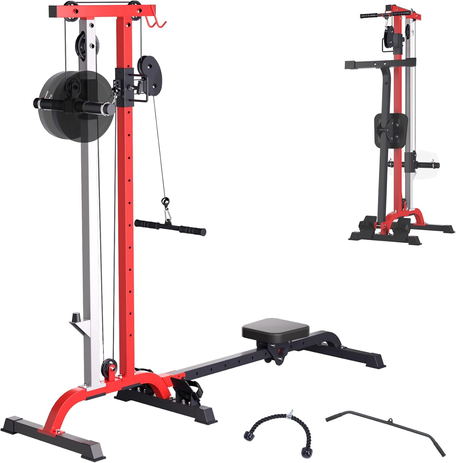 GARVEE 2 in 1 Cable Crossover Machine & Lat Pull Down Machine with Adjustable Weight and Seat,Multi-Function Compact Rowing Machines for Home Gym,Black&Red