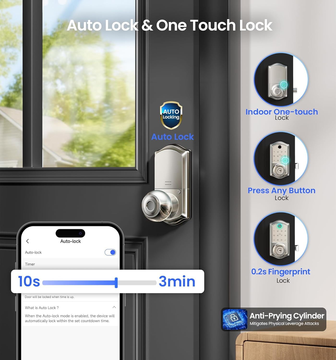 Veise Fingerprint Smart Knob Handle Lock, Keyless Entry, App Control, Electronic Digital Keypad, Remote Access Sharing, Auto Lock, Satin Nickel