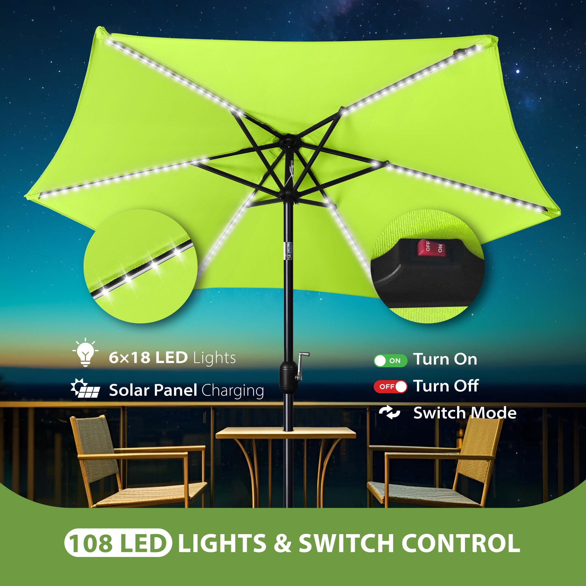 Scafild | 7.5FT Meteor Shower Lights Patio Umbrella, Outdoor Table Umbrella with 108 LED Solar Lights, Push Button Tilt and Crank, Market Umbrella for Garden, Deck, Backyard, Pool - Apply Green