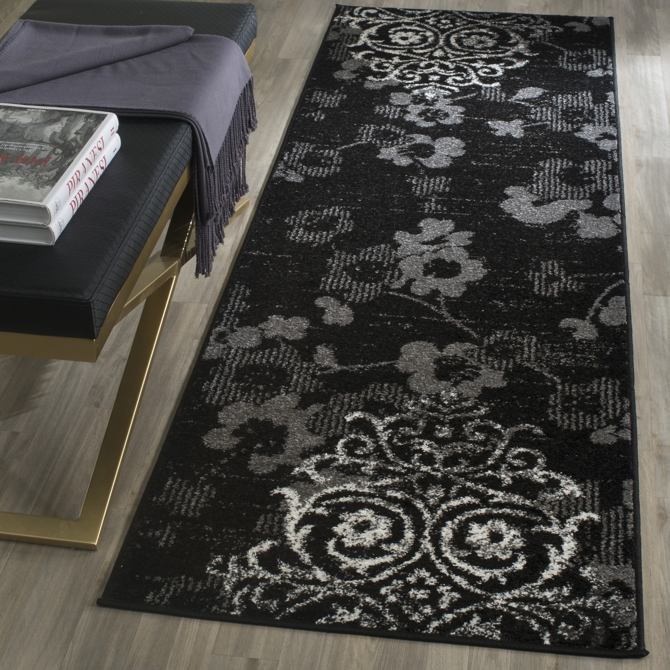 SAFAVIEH Adirondack Hortense Floral Runner Rug, Black/Silver, 2'6" x 12'